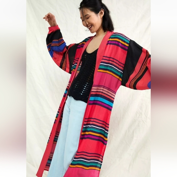 Anthropologie Conditions Apply Striped Cover-Up Kaftan Kimono One Size - Picture 3 of 10